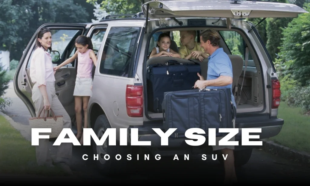 Family exploring SUV options at a dealership, comparing sizes, features, and styles to choose the right fit